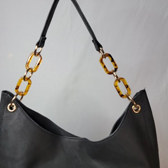 Est. 1946 Black Faux Leather Hobo Bag – Tortoise Chain Shoulder Strap - Picture 4 of 7